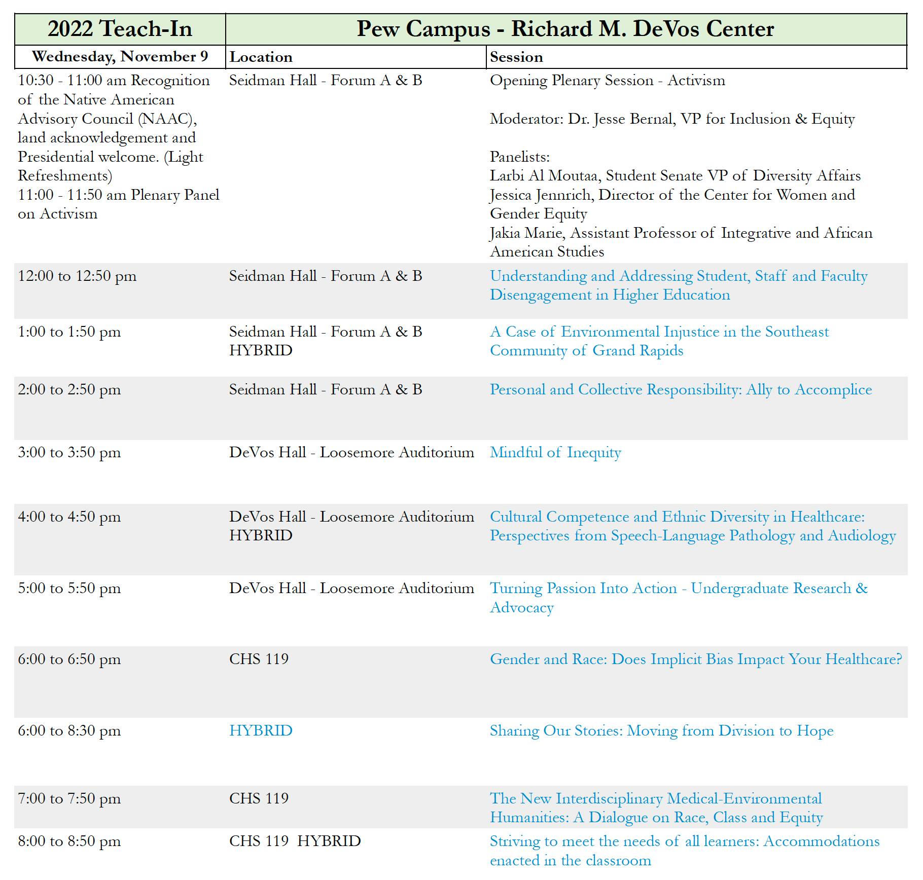 excell spreadsheet program of Wednesday 2022 Teach-In sessions